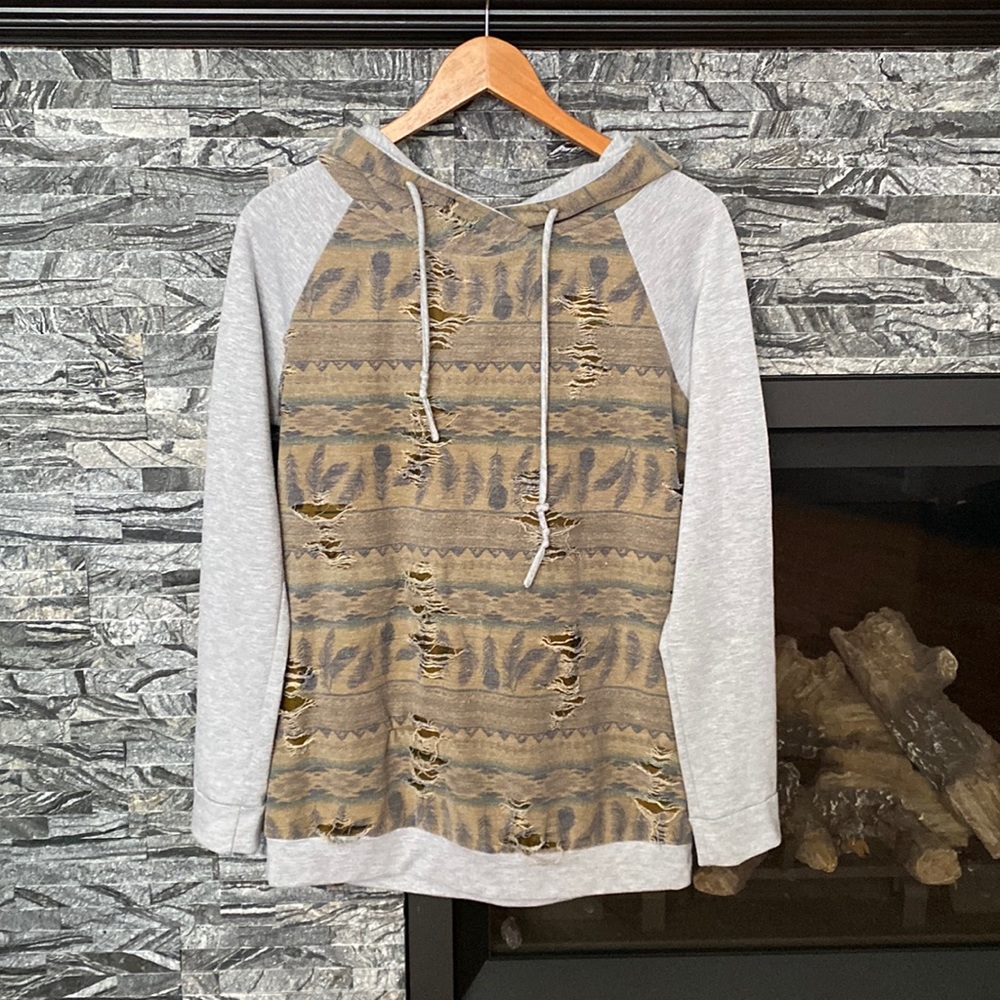 12 Pm By Mon Ami Distressed Hoodie with Oversized Hood, Grey and Tan